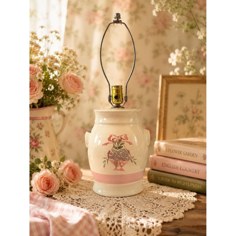 Vintage Farmhouse Cottagecore Crock‎ Lamp Basket Cottagecore Pink